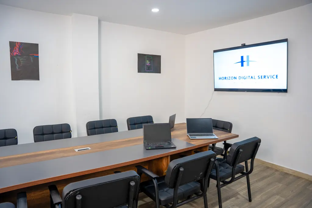 Meeting room prepared for presentations and workshops